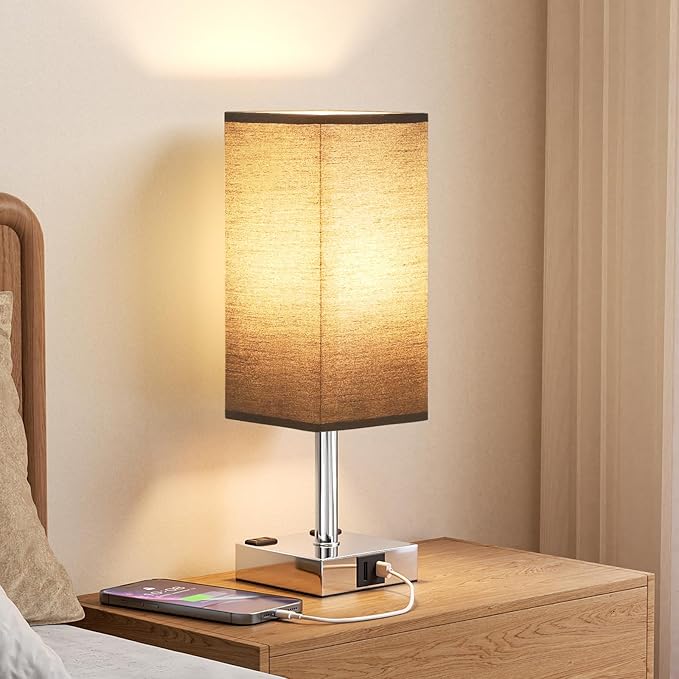 Touch Bedside Table Lamp for Nightstand - 3-Way Dimmable Night Lamp with USB A + Type C Charging Ports and Two AC Outlets, Small Desk Light with E26 LED Bulb for Bedroom Living Room Dorm Office,Black - Bloomnest