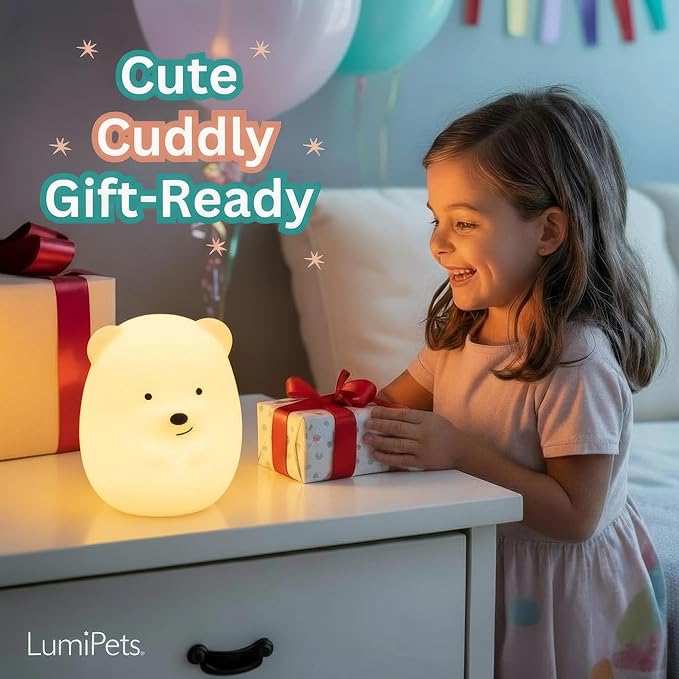 Lumipets Benny The Bear Squishy Silicone Night Light for Kids | Cute Night Light with Remote & Touch Control for Girls & Boys | 9 Color Changing Soft Portable Animal Lamp Comes with USB Cord - Bloomnest
