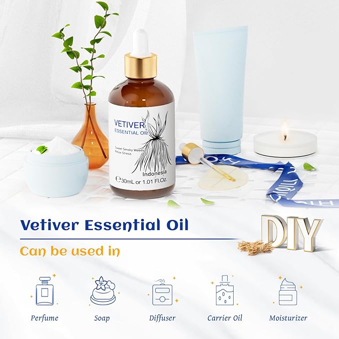 HIQILI 1 Fl Oz Vetiver Essential Oil, 100% Pure Natural for Skin, Candle Making - 30ml - Bloomnest