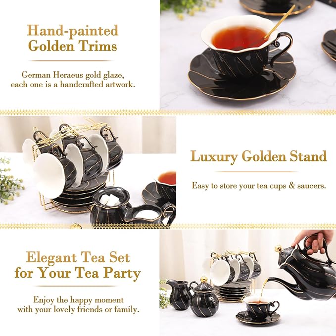 DUJUST 22 pcs Porcelain Tea Set for 6, Luxury British Style Tea/Coffee Cup Set with Golden Trim, Beautiful Tea Set for Women, Tea Party Set, Gift Package (Including a Stand) - Black - Bloomnest