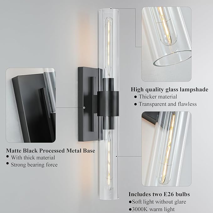 2-Light Matte Black Bathroom Light Fixtures with Glass Shades,Modern Wall Sconce for Bedroom Bath Mirror Lights. - Bloomnest
