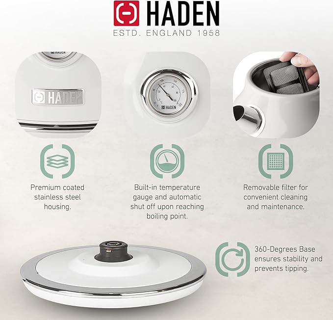 Haden Dorset 1.7 Liter Stainless Steel Electric Kettle, Hot Water Kettle with 360-Degree Base and Auto Shutoff, Ivory & Chrome - Bloomnest