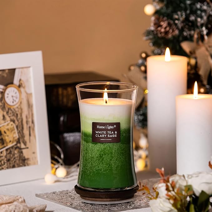 HomeLights 3-Layer Candles for Home Scented, 21.52 OZ Natural Soy Wax Scented Candles Burns Up to 100 Hours, Large Jar, White Tea & Clary Sage - Bloomnest