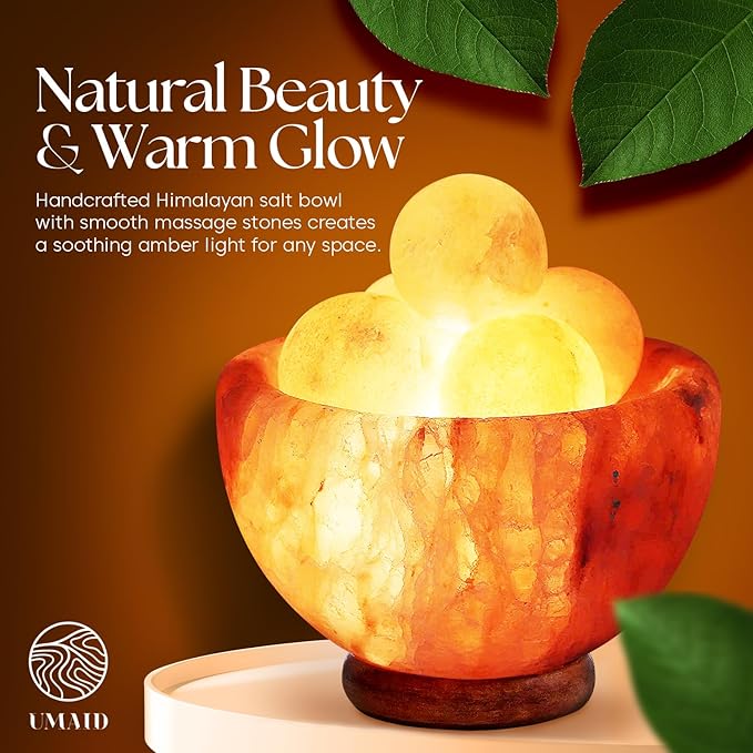 UMAID Himalayan Salt Lamp Bowl with 6 Massage Balls – Dimmable Natural Pink Rock Salt Lamp for Relaxation, Meditation,Yoga, Spa, Office, Bedroom, Wellness, Home Decor, and Unique Gift - Bloomnest