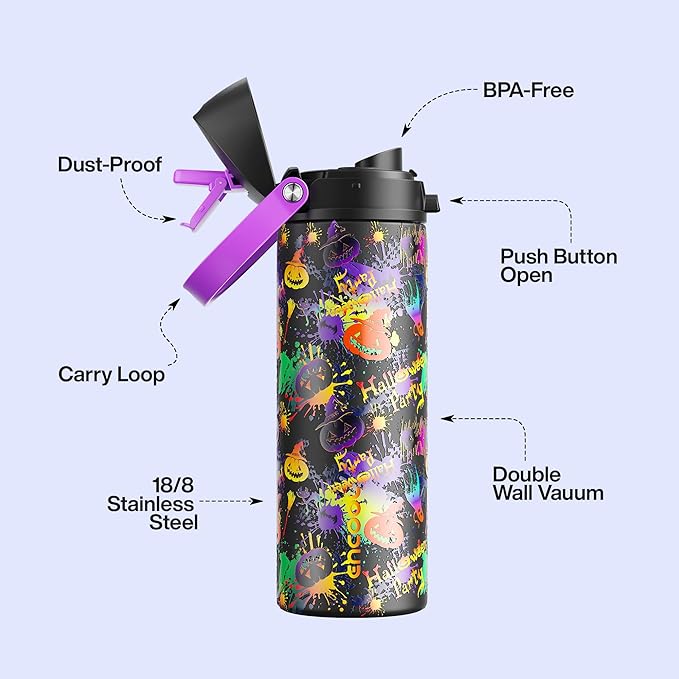 Insulated Water Bottle with Straw - Encool Stainless Steel Water Bottle with Push Button Lid, Leak-Proof & BPA-Free, Keeps Cold for 24 Hours for Sports, Travel, Gym (24 oz, Ghost Party) ENCOOL