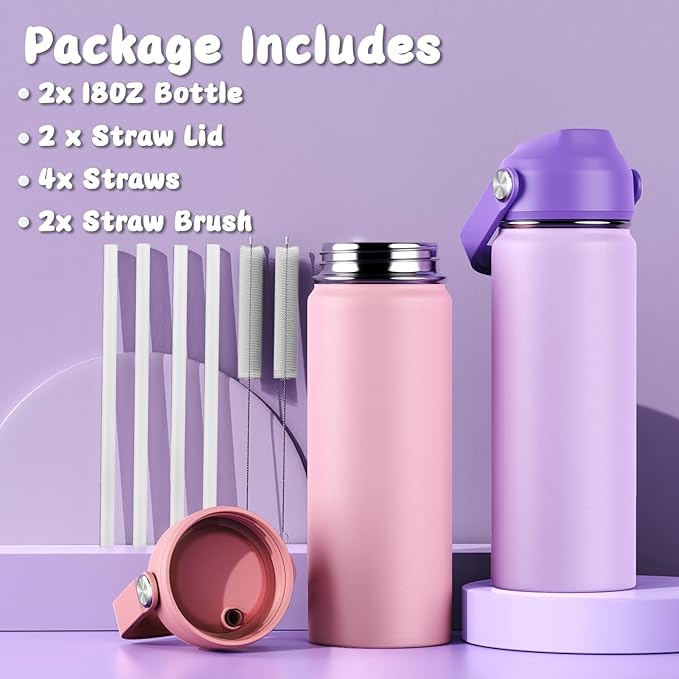 18oz Kids Insulated Water Bottle with Straw Lid - 18/8 Stainless Steel Kid Cup Travel Tumbler Double Wall Vacuum Leak Proof Portable Toddler Water Bottle (Pink+Purple） - Bloomnest