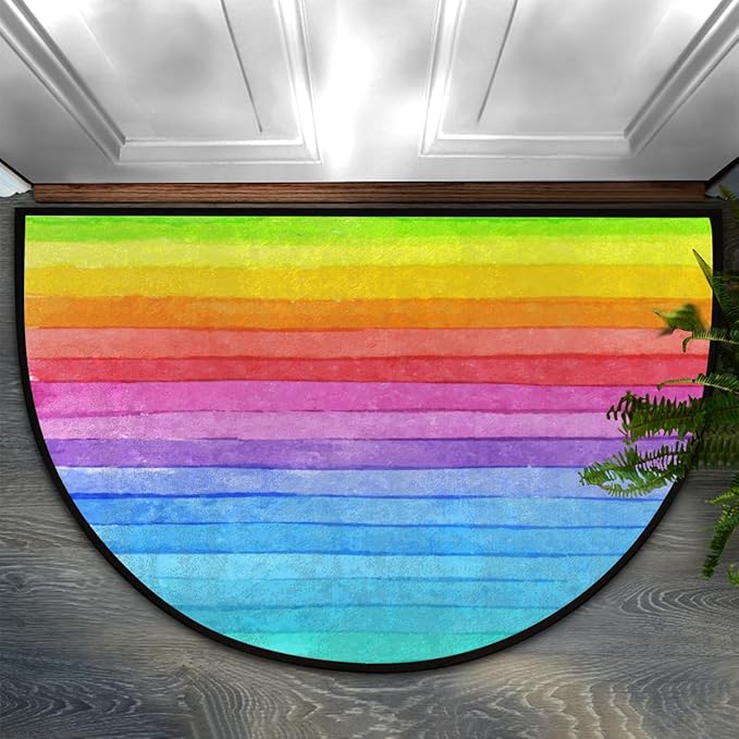 Half Round Door Mat, Watercolor Bright Color Rainbow Striped Non-Slip Half Circle Area Rug Doormat Washable Durable Home Decor Half Moon Rug for Floor Indoor Outdoor Living Room Bedroom Kitchen Patio - Bloomnest
