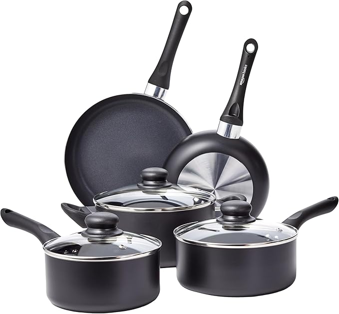 Amazon Basics Non Stick Kitchen Cookware 8-Piece Set, Non-Induction, Includes Pots and Pans, Black - Bloomnest