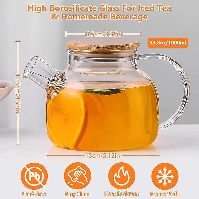 Glass Tea Pot Kettles Stovetop Safe, 33.8oz/1000ml Heatproof Borosilicate Glass Teapot Water Pitcher With Bamboo Lid and Removable Filter Spout for Loose Leaf and Blooming Tea - Bloomnest