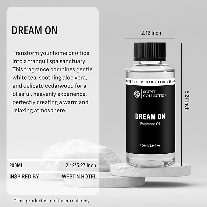Luxury Hotel Scent Dream On Diffuser Oil Waterless Essential Aromatherapy for Cold Air & Car Diffusers – Long Lasting Refill for Large Room & Home - Signature White Tea (200ml/6.76Fl oz) - Bloomnest