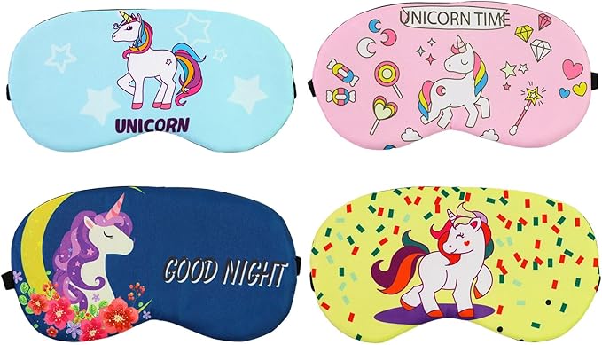 Cute Sleep Eye Masks for Kids, Kawaii Cartoon Kids Sleeping Mask for Women Boys Girls Teens, Soft Plush Adjustable Eyeshade Silk Travel Nap Eye Cover (Yellow+Navy+Blue+Pink) - Bloomnest