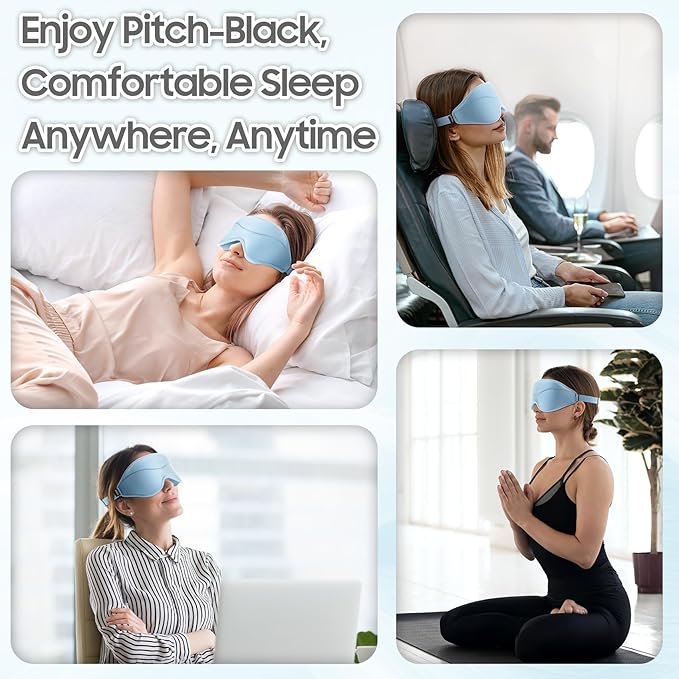 Sleep Mask - Total Blackout 3D Sleeping Mask, Super Lightweight & Silky Soft Eye Mask for Sleeping, Fully Adjustable Fit for Home, Office, Traveling, Meditation, Yoga, Light Blue - Bloomnest