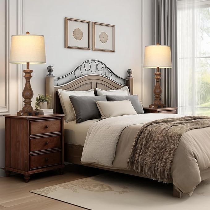 29" Tall Farmhouse Table Lamp for Living Room Set of 2,Vintage Retro Nightstand Lamps with USB C+A Ports & AC Outlet,3-Way Dimmable Touch Bedside Lamp for Bedroom Side Table,Brown - Bloomnest
