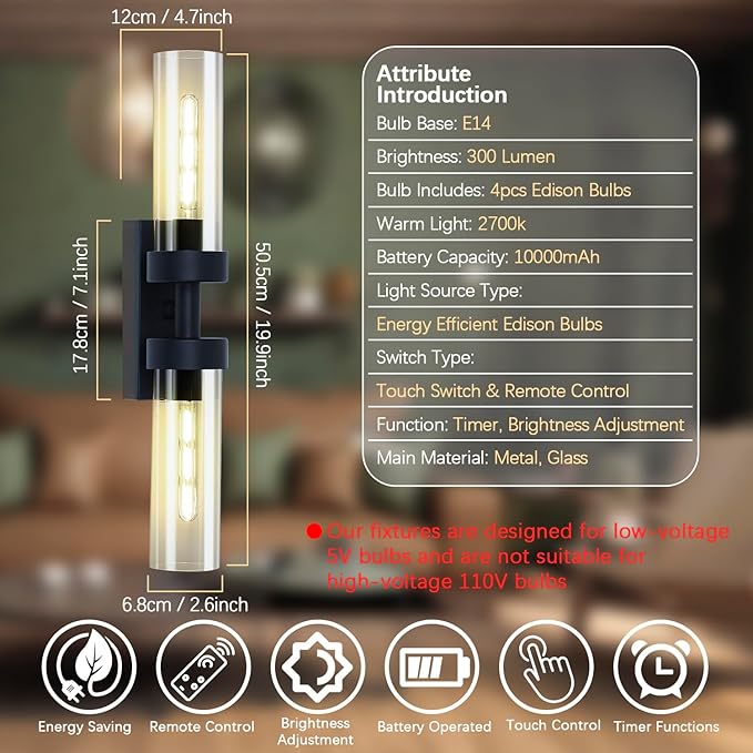 Rechargeable Wall Sconces Set of Two with Remote, Black Battery Operated Wall Sconce with Clear Glass, Sconces Wall Decor Set of 2 Wall Light Fixtures for Bedroom Bathroom Mirror Living Room - Bloomnest