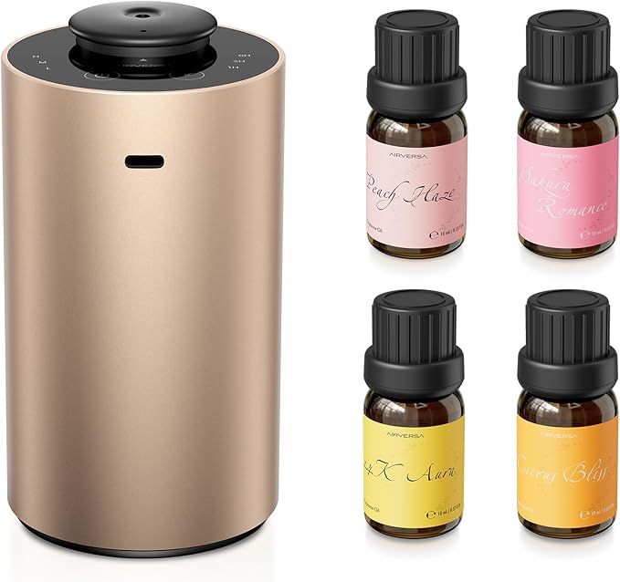 Airversa Waterless Essential Oil Diffuser Starter Kit with 4 x 10mL Fragrance Scent Oil, Battery Operated Mini Scent Air Machine Portable Diffuser for Home Car Office, ANX Titanium Kit01 - Bloomnest