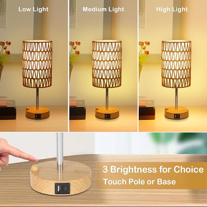 Boho Table Lamp for Bedroom with Bulb, Small Touch Control Table Lamp for Living Room with Rattan & Linen Shade, 3 Way Dimmable Bedside Lamp for Nightstand with USB Charging Port & Phone Stand - Bloomnest