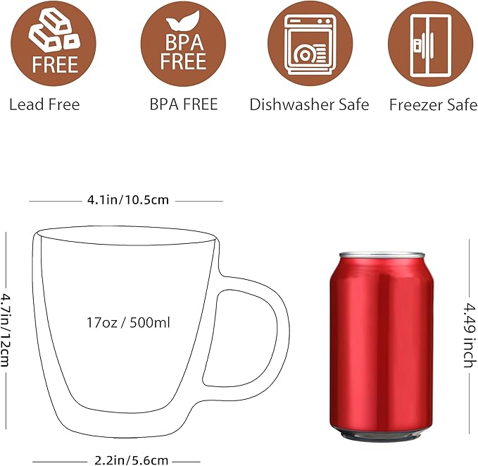 CNGLASS Large Double Wall Glass Coffee Mug 17 oz,Insulated Glass Coffee Cups with Handle,Set of 1 - Bloomnest