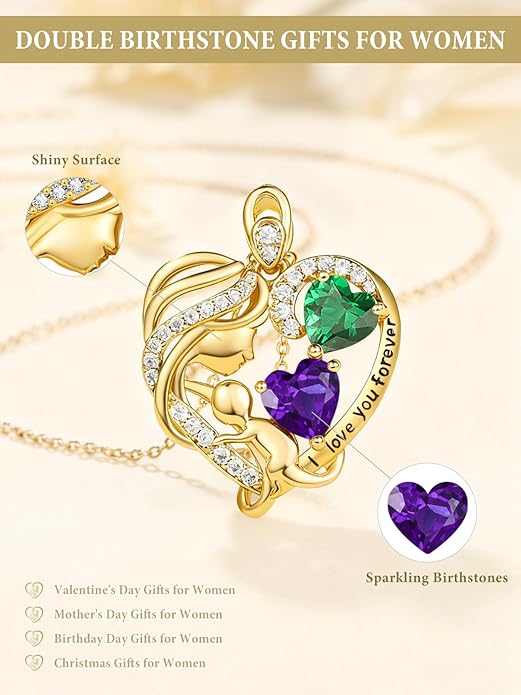 14K Gold Double Birthstone Heart Necklace for Women Mom, Mother Son/Daughter Pendant Necklace for Christmas Mother's Day Birthday Gifts for Wife Daughter Grandmom - Bloomnest