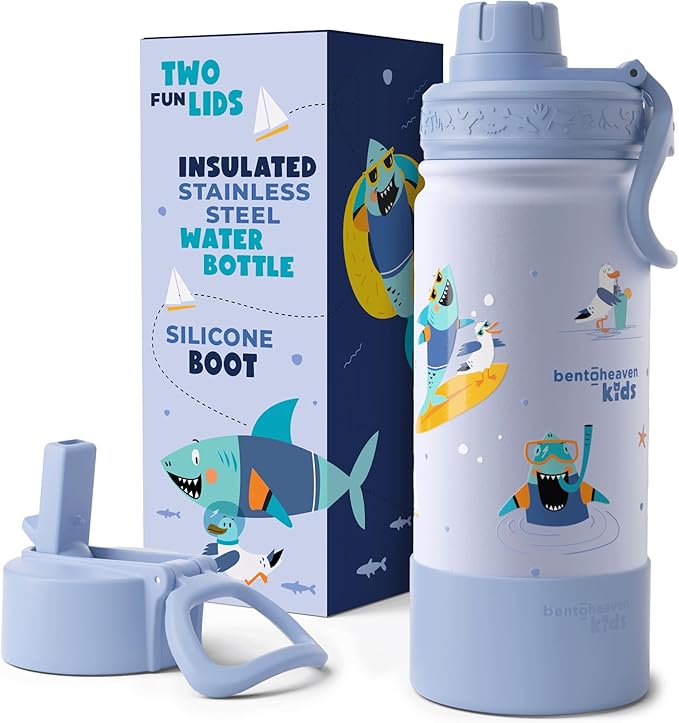 Bentoheaven Kids Water Bottle Stainless Steel for Boys & Girls, 2 Lids (Chug & Straw), Handle & Silicone Boot, Reusable Metal Leak-proof Insulated Tumbler, School & Sports 17oz (Blue) - Bloomnest