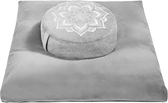Meditation Zafu Cushion Set with Buckwheat Hulls & Memory Foam - Ergonomic Support for Yoga & Sitting - Removable Machine-Washable Luxury Velvet Cover - for Adults and Kids (Grey)