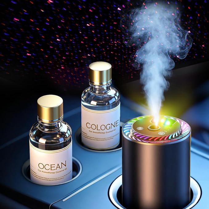 Smart Car Air Freshener with Star Light & 100ml Diffusers Oil Refills, Auto On/Off Aroma Diffuser, 3 Adjustable Mist Modes Rechargeable Aromatizante para Carro - Car Diffuser（Cologne+Ocean） - Bloomnest