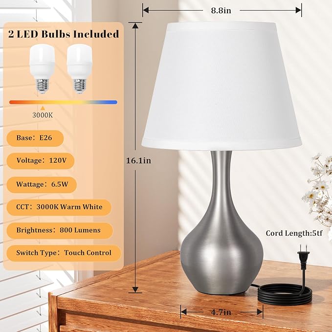 Seealle Touch Table Lamps for Bedroom Set of 2,3-Way Dimmable Small Bedside Lamps for Night Stands with Wires, Silver Desk Lamps for Kids Room,Office,Living Room, End Table(LED Bulbs Included) - Bloomnest