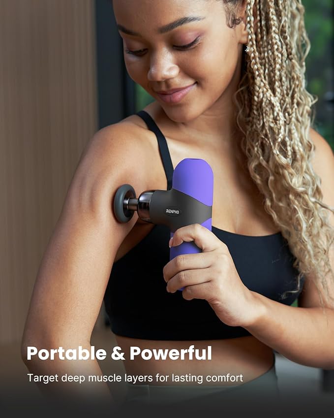 RENPHO Mini Thermal Massage Gun with Heat, Christmas Birthday Gifts for Women Men, Portable Deep Tissue Percussion Massager, Color Silicone Sleeves Travel Size with Carry Case, Purple - Bloomnest