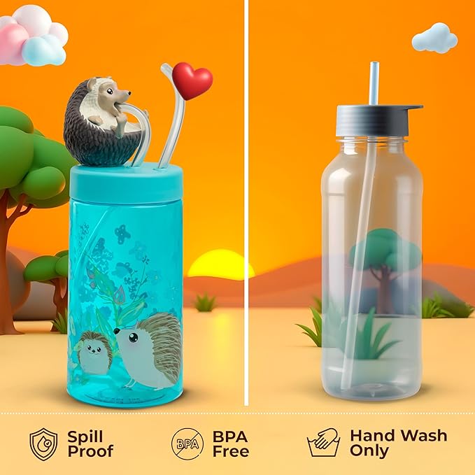 Kids Water Bottle, Toddler Cups, Tumbler with Lid and Straw, Travel Sippy Cup for Water or Milk, Kids Cups with Lids for Toddlers 3 and Up, BPA Free Plastic, 12 oz (Trend Zoo Hedgehog) - Bloomnest