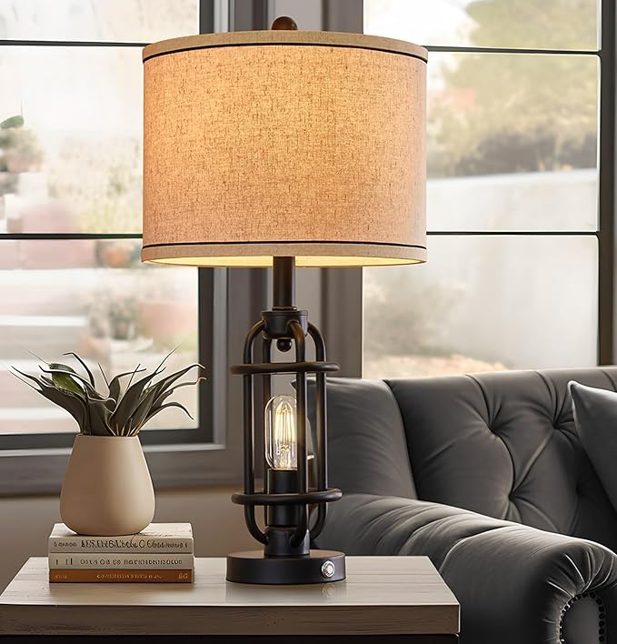 23.75'' Industrial Black Metal Table Lamps Living Room Lamp for Nightstand Bedroom lamps Set of 2 Bedside End Side Table Lamps Home Decor Touch Lamp Modern Lamps With USB Port, Bulbs Included - Bloomnest