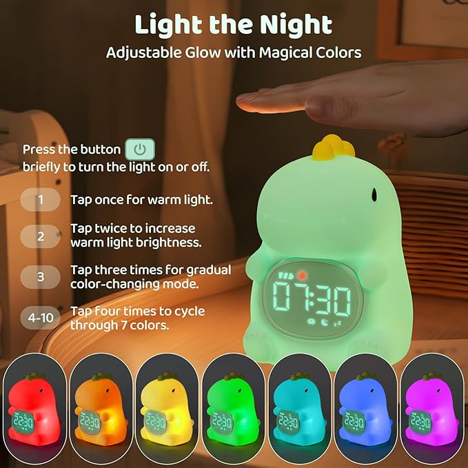 Dinosaurs Alarm Clock with Night Light for Kids with Sleep Training and Sound Machine, Rechargeable Silicone Lamp OK to Wake Clock，Cute Animal Tabletop Lamp, Perfect Sleep Companion for Boys Girls - Bloomnest