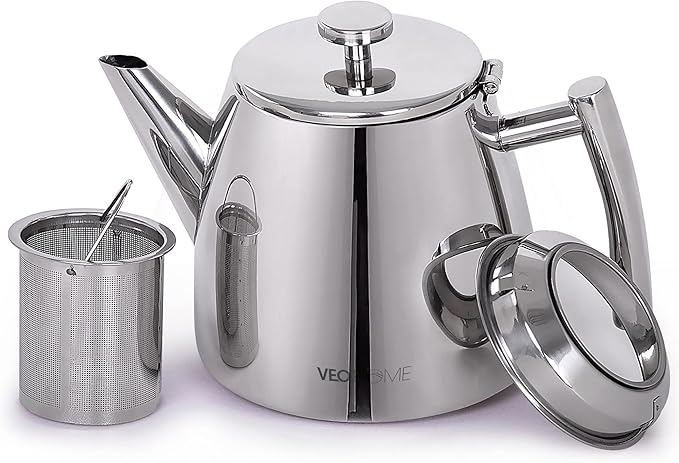 VeoHome Stainless Steel Tea Pot with Infuser - Keeps Heat Thanks to its Double Wall, Silver (1 Liter (34 oz))… - Bloomnest