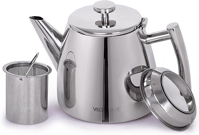 VeoHome Stainless Steel Tea Pot with Infuser - Keeps Heat Thanks to its Double Wall, Silver (0.5 Liter (17 oz))… - Bloomnest