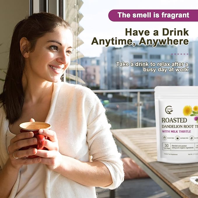 Organic Roasted Dandelion Root Tea with Milk Thistle Tea - Supports Kidney Function and Liver Function, 30 Tea Bags - Bloomnest