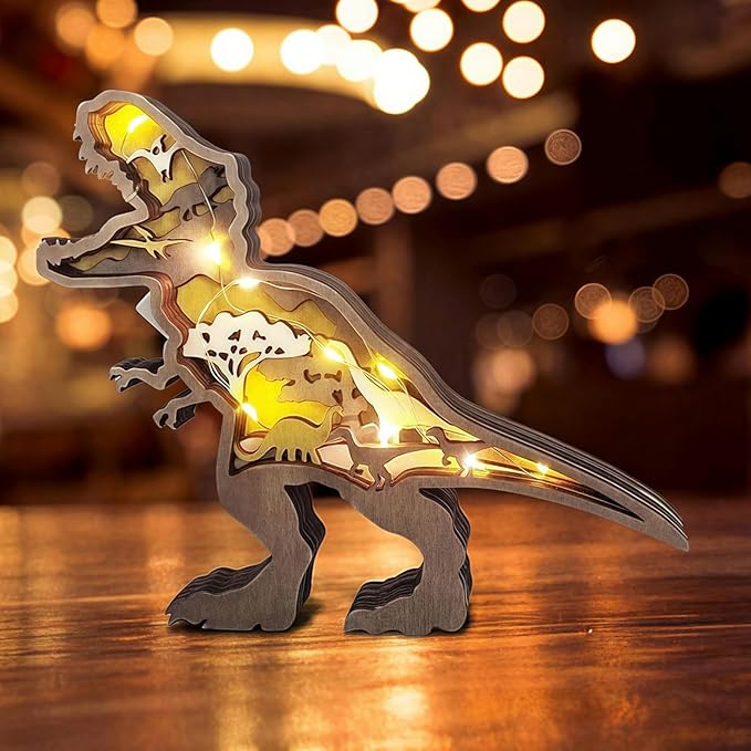 3D Wood Carving Animals Lamp Home Decorative, Cute Bear Family Elephant Presents Ideas Christmas Living Room Office Decor Warm LED Night Lights Gift for Friend Daughter Son Mom Dad (Tyrannosaurus) - Bloomnest