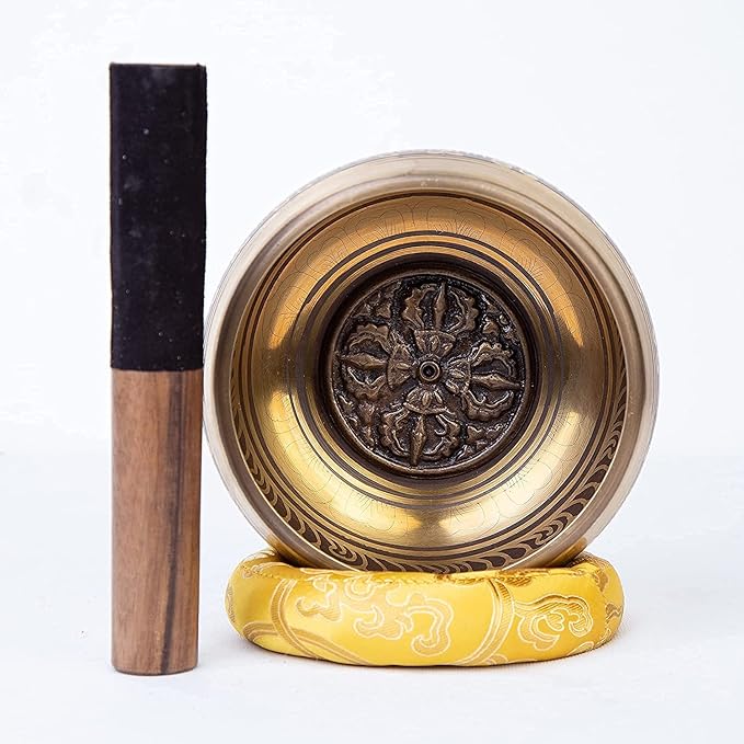 Large Tibetan Singing bowl Set - Bronze Style - Easy To Play - 5" Sound Yoga Bowl Mantra Design Mindfulness Meditation Healing Sound Gift By Himalayan Bazaar - Bloomnest