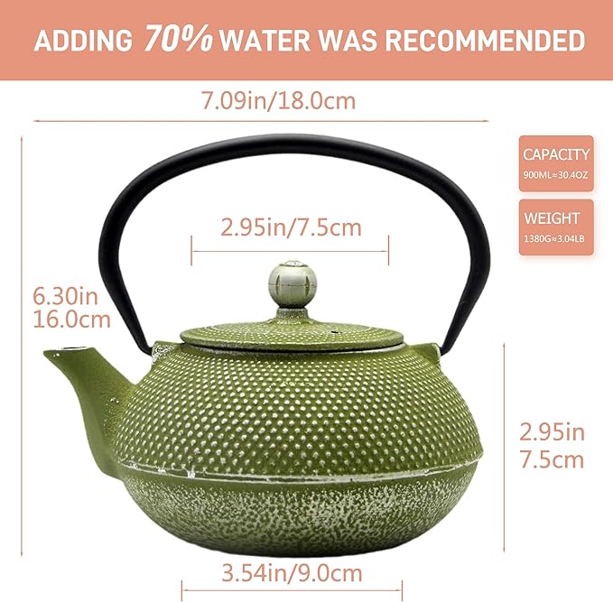 Cast Iron Teapot Tea Kettle with Stainless Steel Infuser for Stovetop Safe Coated with Enameled Interior Japanese Green Tetsubin for Loose Tea(30.4oz/900ml) - Bloomnest