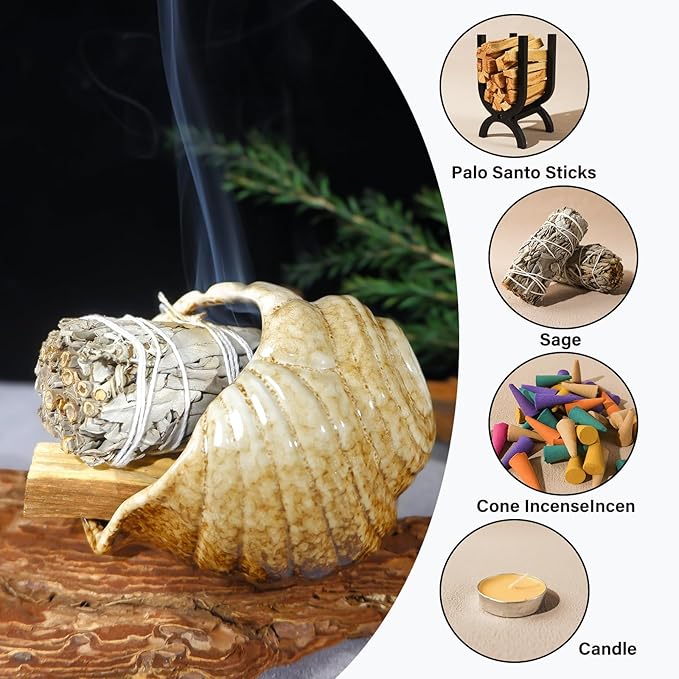 Mini Conch Chiminea Palo Santo Burner - Ceramic Smudging Bowl/Incense Chimney Works with Palo Santo Sticks/Sage/Copal,Tabletop Altar, Thoughtful Gifts for Meditation, Yoga, Aromatherapy - Bloomnest