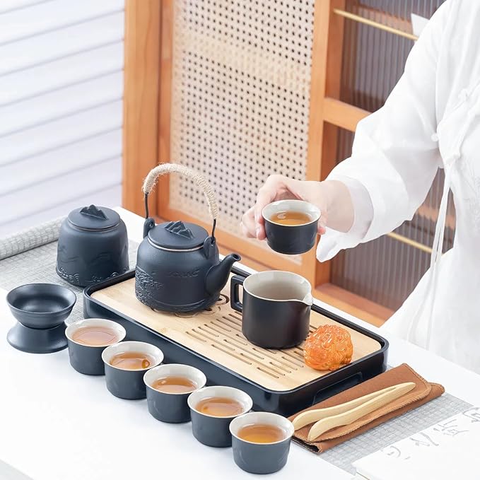 ICHAG Chinese Tea Set, Japanese Tea Sets for Adults, 15-Piece Porcelain Gongfu Tea Set with Tea Pet & Tea Tray, Japanese Teapot Set, Travel Tea Party Set, for Home/Office/Outdoor/Gifts (Black) - Bloomnest
