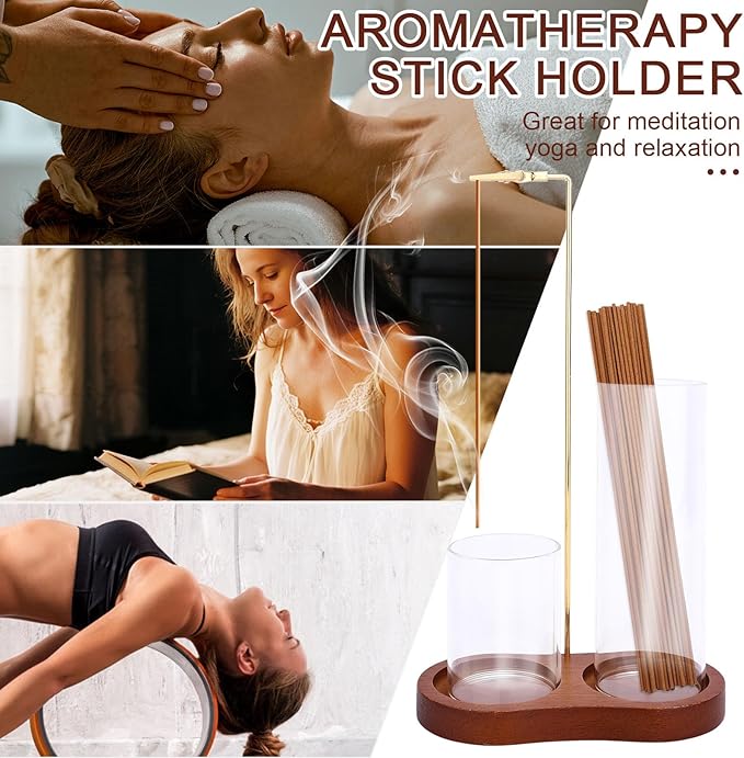 2 in 1 Incense Holder, Wooden Incense Upside Down Burner Tray with Iron Rack & 2 Glass Ash Collector Anti-Ash Flying Catcher Storage Supply for Yoga SPA Meditation Home Decor - Bloomnest