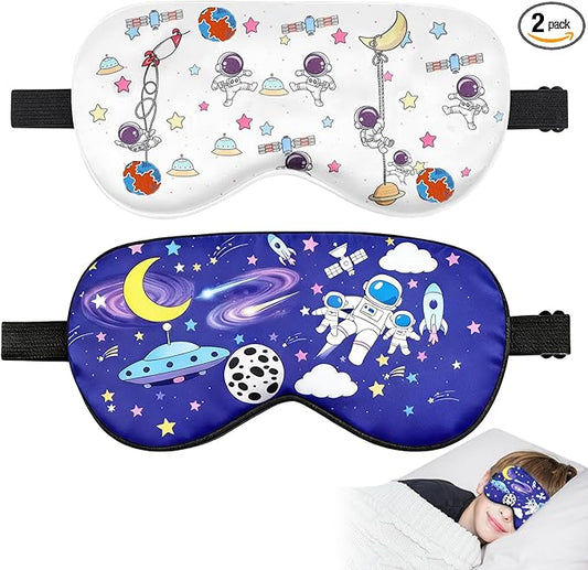 2 Pcs Sleep Mask for Kids Boys, Silk Eye Covers for Sleeping, Adjustable Strap & Light Blocking Design, Children's Bedtime Blindfold for Travel and Home Use (Astronaut) - Bloomnest