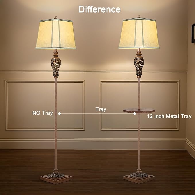65" High Vintage Floor Lamp with Night Light and Glass Tray, Farmhouse Standing Lamp with Beige Faux Silk Shade, Retro Rustic Tall Lamp Decor for Living Room, Bedroom, Bedside, Corner (Bulb Included) - Bloomnest