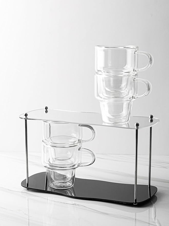 NIRA.Z 4 Pack Double Wall Glass Coffee Mugs 12 OZ Insulated Espresso Cups with Handle, Stackable Thermal Glass Coffee Cups, Ideal for Hot & Cold Drinks, Juice, Americano, Latte, Tea Bags, Cappuccinos - Bloomnest