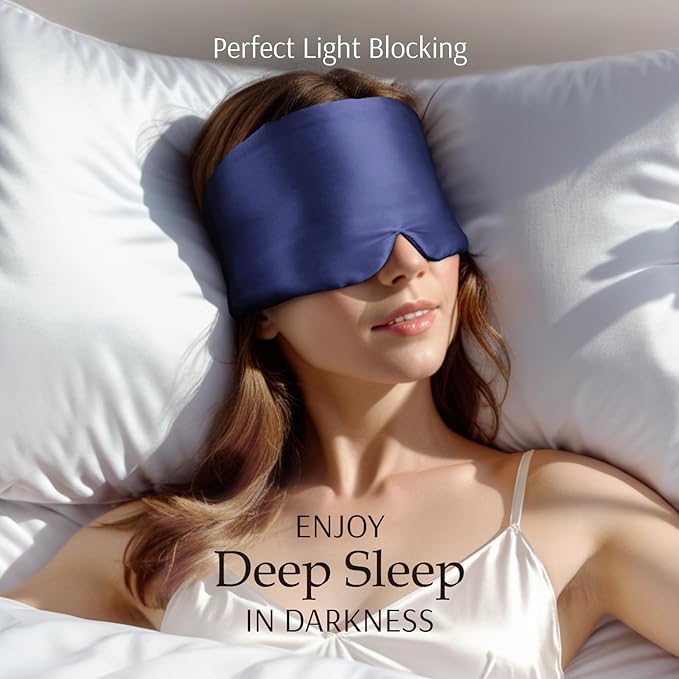 Zenssia 100% Mulberry Silk Sleep Mask Eye Mask for Man and Woman with Adjustable Headband, Full Size Large Sleep Mask & Blindfold for Total Blackout for All Night Sleep, Travel & Nap-Dark Blue - Bloomnest