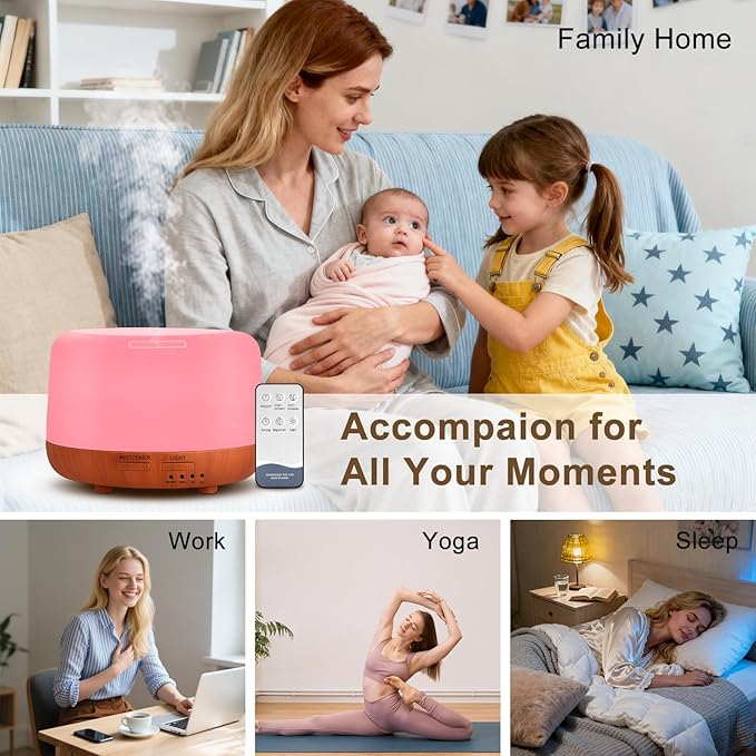 300ML Essential Oil Diffuser, Small Aromatherapy Diffuser with Remote, 7-Color LED Light, 4 Timer Settings, Safe Auto-Off, for Bedroom, Desk, Home Office - Bloomnest