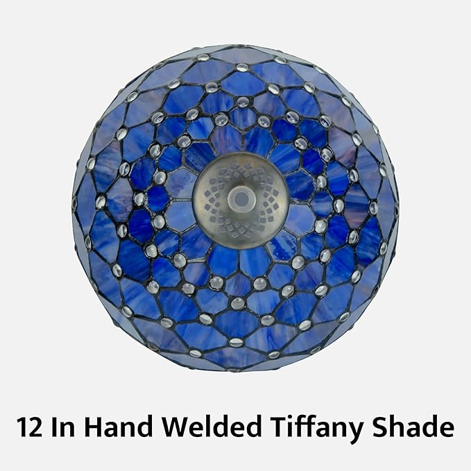 Tiffany Lamp Vintage Deep Blue Stained Glass Bead Table Lamp Desk Bedside Reading Light Decor Bedroom Living Room Home Office D12*H18 Inches - Bloomnest