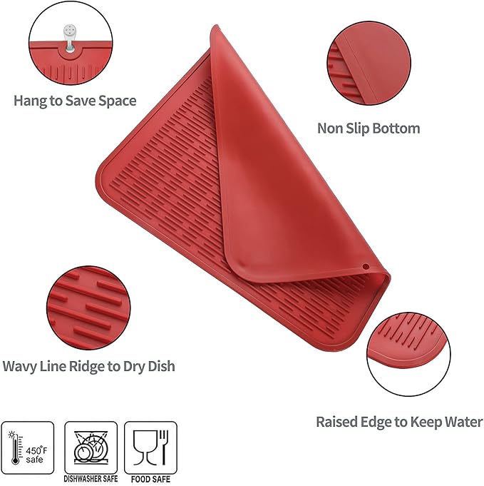 Silicone Dish Drying Mat for Multiple Usage,Easy clean,Eco-friendly,Heat-resistant Silicone Mat for Kitchen Counter or Sink,Refrigerator or Drawer Liner Red XL 18 inches x 16 inches - Bloomnest