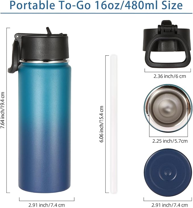 Volhoply 16 OZ Kids Water Bottle Bulk 8 Pack,Insulated Sports Bottles with Straw Lid,Stainless Steel Bottle with Handle Keep Cold & Hot,Double Wall Vacuum Tumbler Cups for School(Dark Night, 8) - Bloomnest