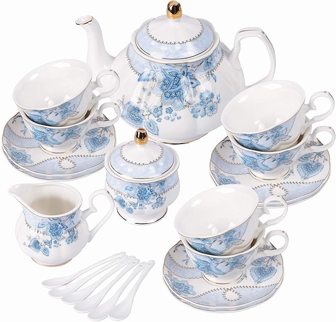 fanquare Blue Flowers Porcelain Tea Set, Tea Cup and Saucer Set Service for 6, Wedding Tea Set with Sugar Bowl Cream Pitcher, Floral Coffee Set for Tea Party - Bloomnest