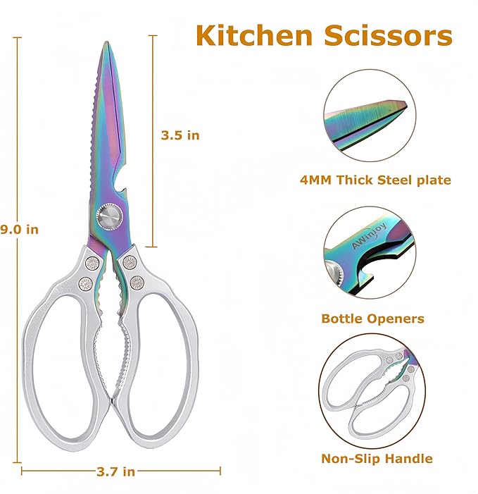AWinjoy Heavy Duty Sharp Kitchen Scissors, Dishwasher Safe, Cooking Shears for Meat, Chicken, Fish, Poultry, Herb, Bread (Silver Color) - Bloomnest