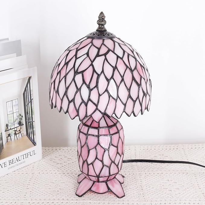 Small Tiffany Lamp Stained Glass Table Lamp Mini Mother Daughter Vase Desk Accent Night Light for Bedroom Bedside Reading Home Antique Style 8X14 Inches (Pink Wisteria) - Bloomnest